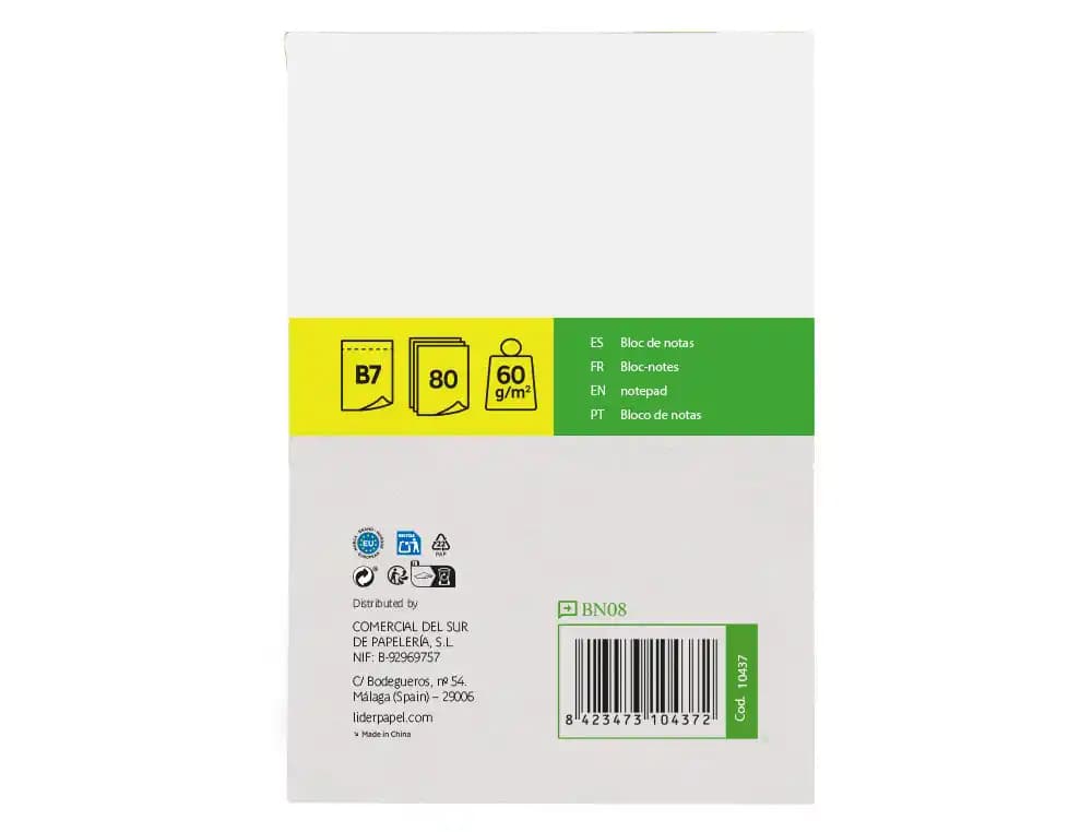 Bloc notas liderpapel liso b7 80 hojas 60g/m2 perforado