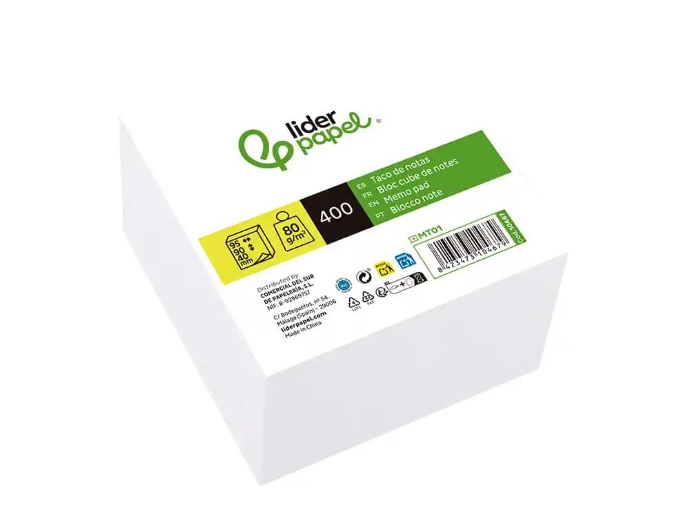 Taco papel liderpapel sin encolar 400 hojas 95x90x40 mm 80 g
