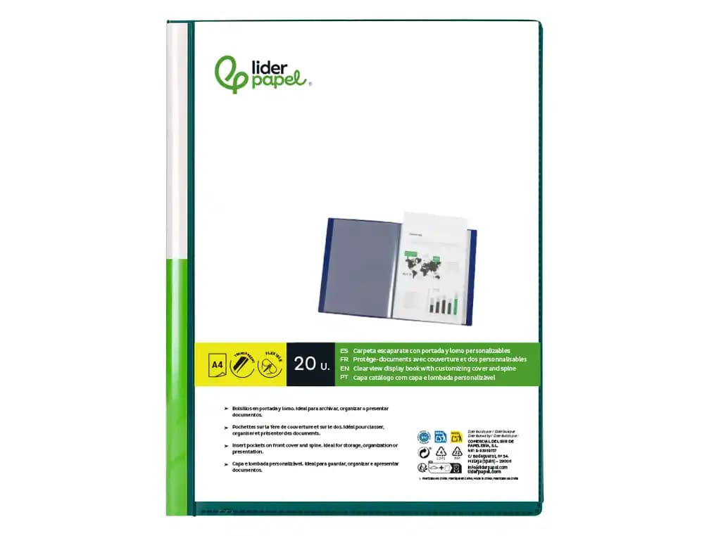 Carpeta liderpapel personaliza 20 fundas canguro polipropileno din a4 translucido portada y lomo