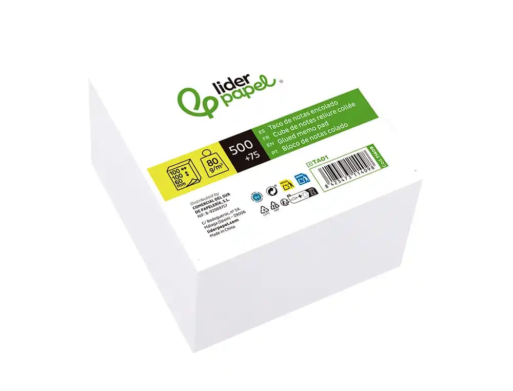 Taco papel liderpapel encolado blanco 500+75 hojas 100x100x60 mm 80 gr