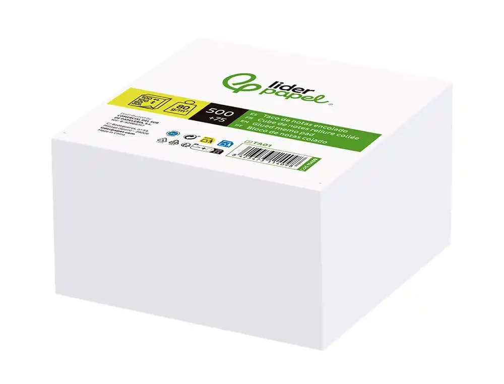 Taco papel liderpapel encolado blanco 500+75 hojas 100x100x60 mm 80 gr