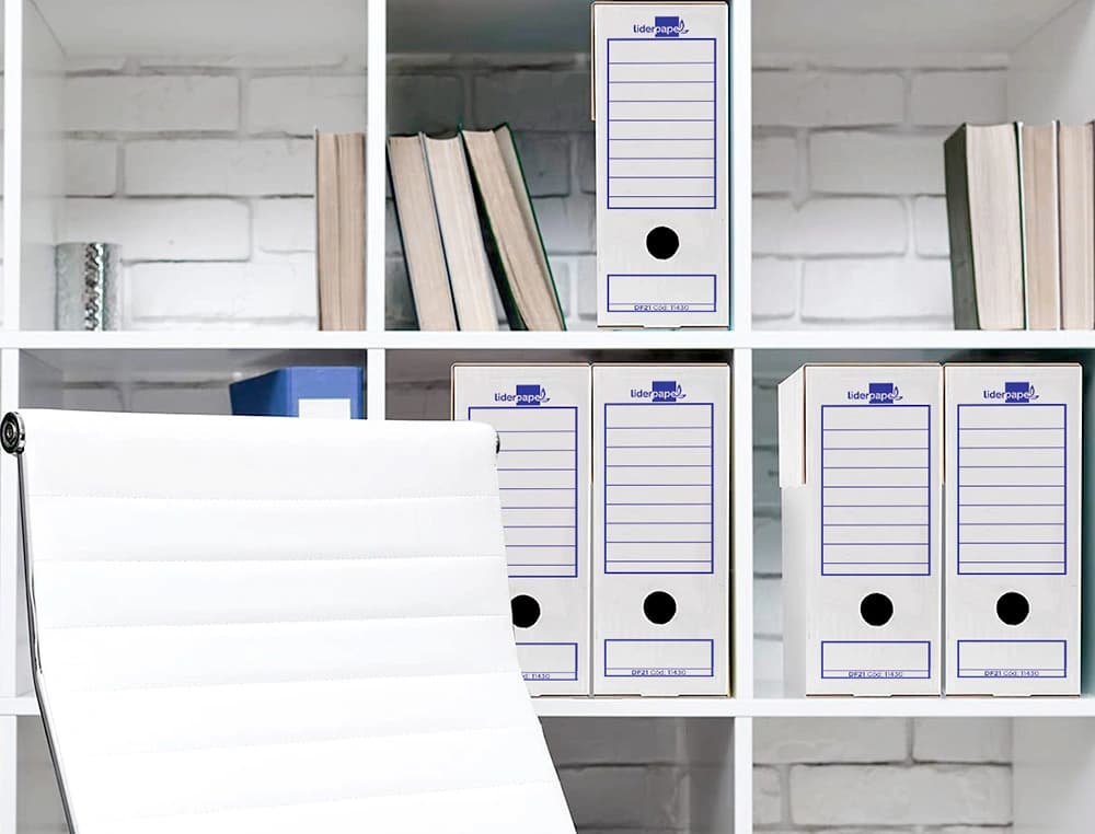 Caja archivo definitivo liderpapel folio prolongado carton reciclado 400g/m2 lomo 116 mm blanco 388x116x275 mm
