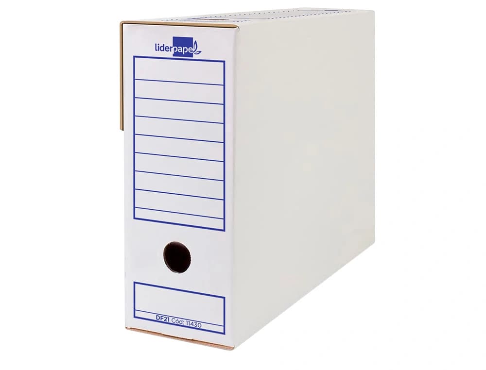 Caja archivo definitivo liderpapel folio prolongado carton reciclado 400g/m2 lomo 116 mm blanco 388x116x275 mm