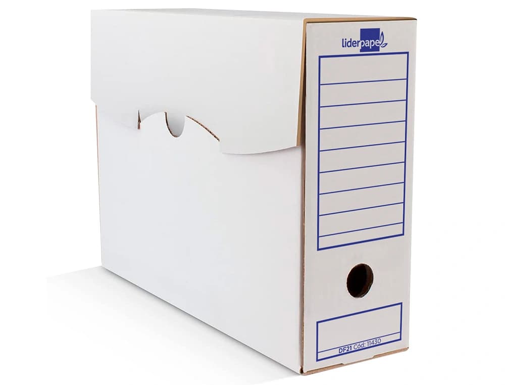 Caja archivo definitivo liderpapel folio prolongado carton reciclado 400g/m2 lomo 116 mm blanco 388x116x275 mm