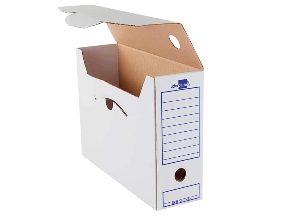 Caja archivo definitivo liderpapel folio prolongado carton reciclado 400g/m2 lomo 116 mm blanco 388x116x275 mm