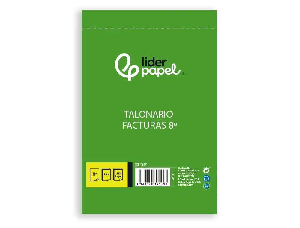 Talonario liderpapel facturas 8º original y 2 copias t301 sin i.v.a.