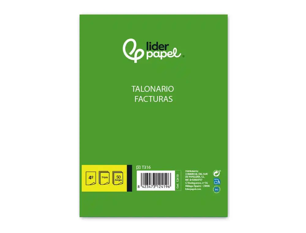 Talonario liderpapel facturas cuarto original y 2 copias t316 con i.v.a.
