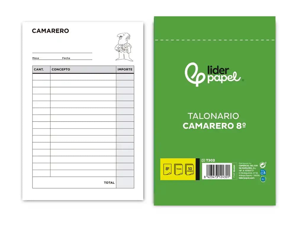 Talonario liderpapel camarero 8º original y 2 copias t302