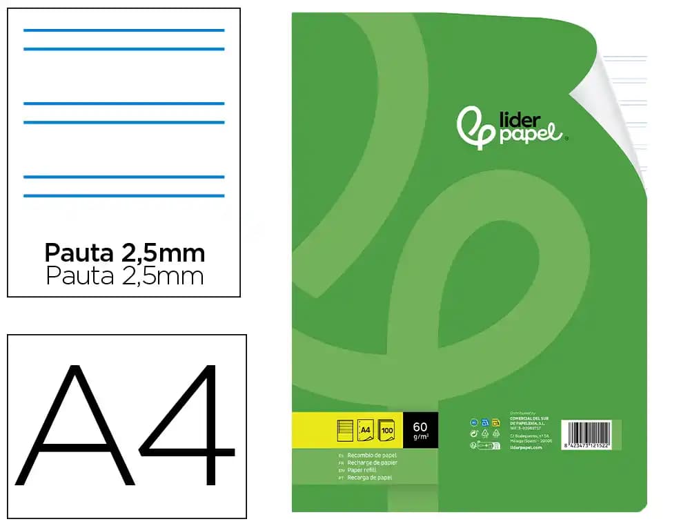 Recambio liderpapel a4 100 hojas 60gr pauta 5ª 2.5mm con margen 4 taladros