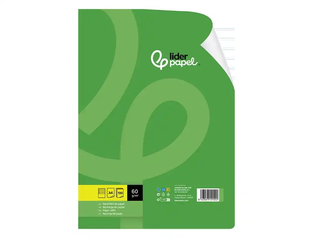 Recambio liderpapel a4 100 hojas 60gr pauta 5ª 2.5mm con margen 4 taladros