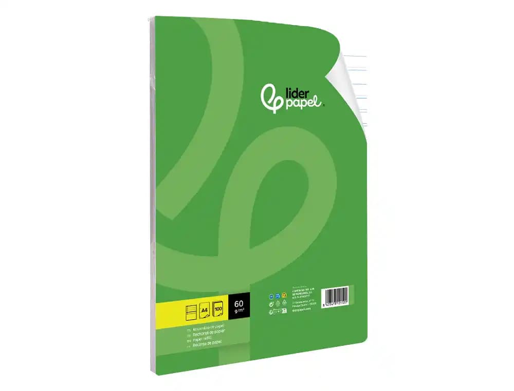 Recambio liderpapel a4 100 hojas 60gr pauta 5ª 2.5mm con margen 4 taladros