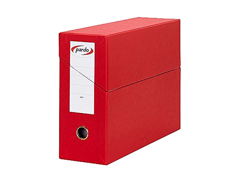 Caja de transferencia Pardo folio forrada, lomo de 80 mm, con tarjetero interior – Rojo