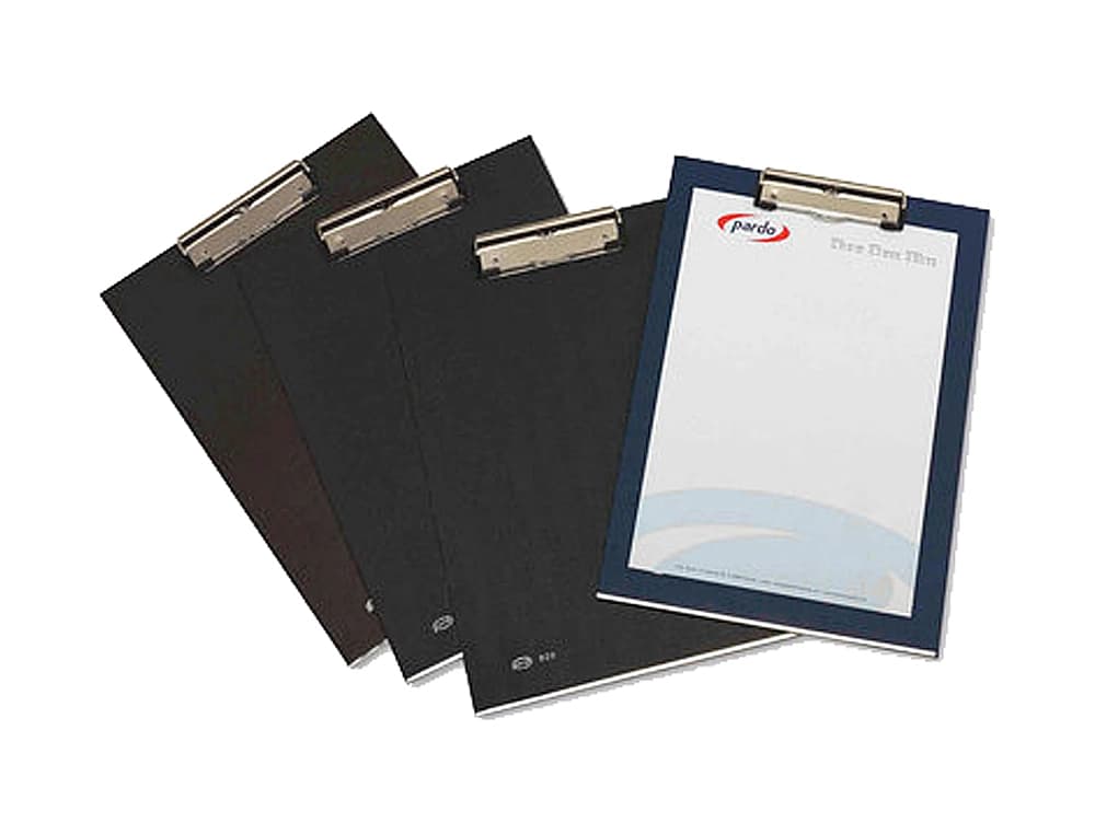 Portanotas pardo carton forrado pvc folio con pinza metalica