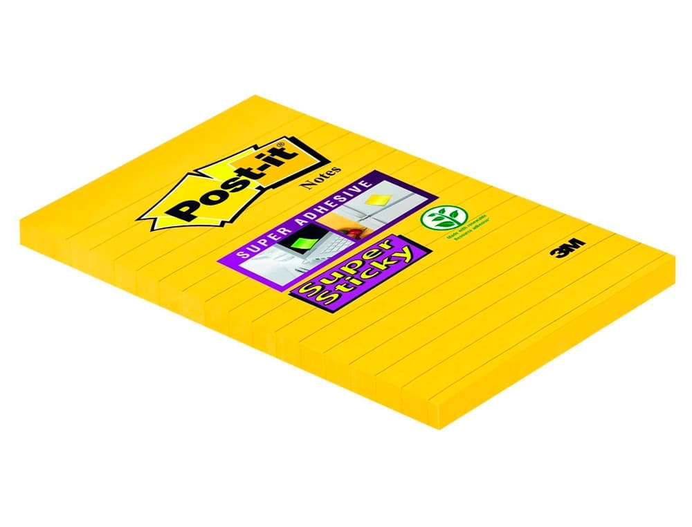 Bloc de notas adhesivas quita y pon post-it super sticky rayado amarillo ultra 101x152 mm