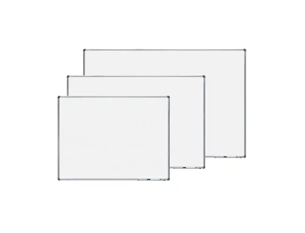 Pizarra blanca rocada acero vitrificado magnetico marco aluminio y cantoneras pvc 240x120 cm incluye bandeja