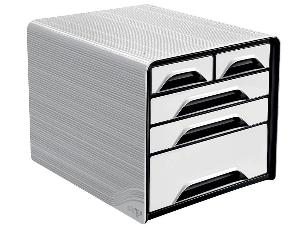 Fichero de sobremesa CEP de 5 cajones mixtos con asas ergonómicas, 360 × 288 × 270 mm – Blanco/negro