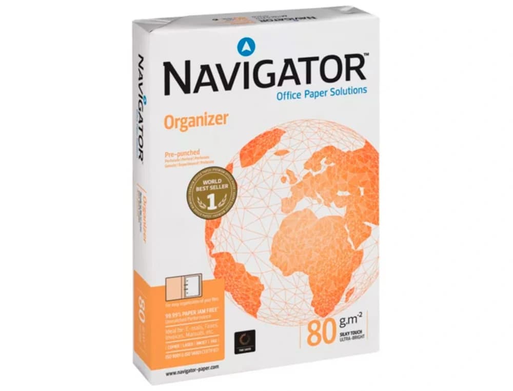 Papel fotocopiadora navigator din a4 80 gramos 2 taladros papel multiuso ink-jet y laser paquete de 500 hojas