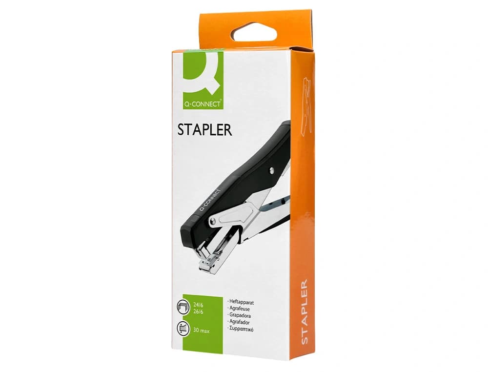 Grapadora q-connect de tenaza metalizada y negra kf14867 tacto suave capacidad 25 hojas usa grapas 24/6 y 26/6