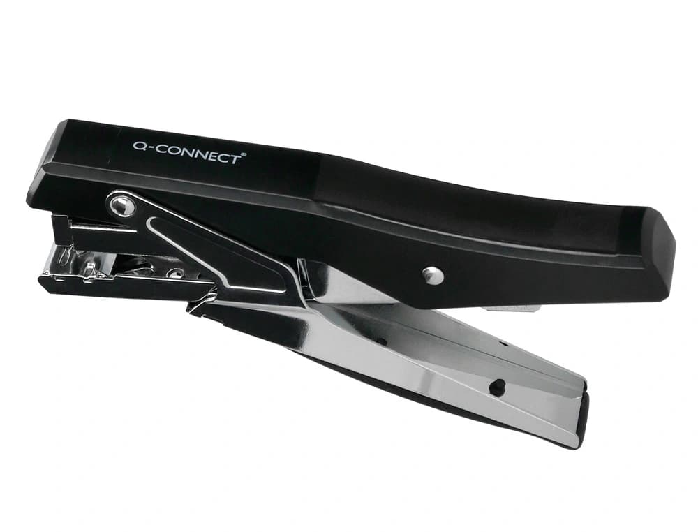 Grapadora q-connect de tenaza metalizada y negra kf14867 tacto suave capacidad 25 hojas usa grapas 24/6 y 26/6