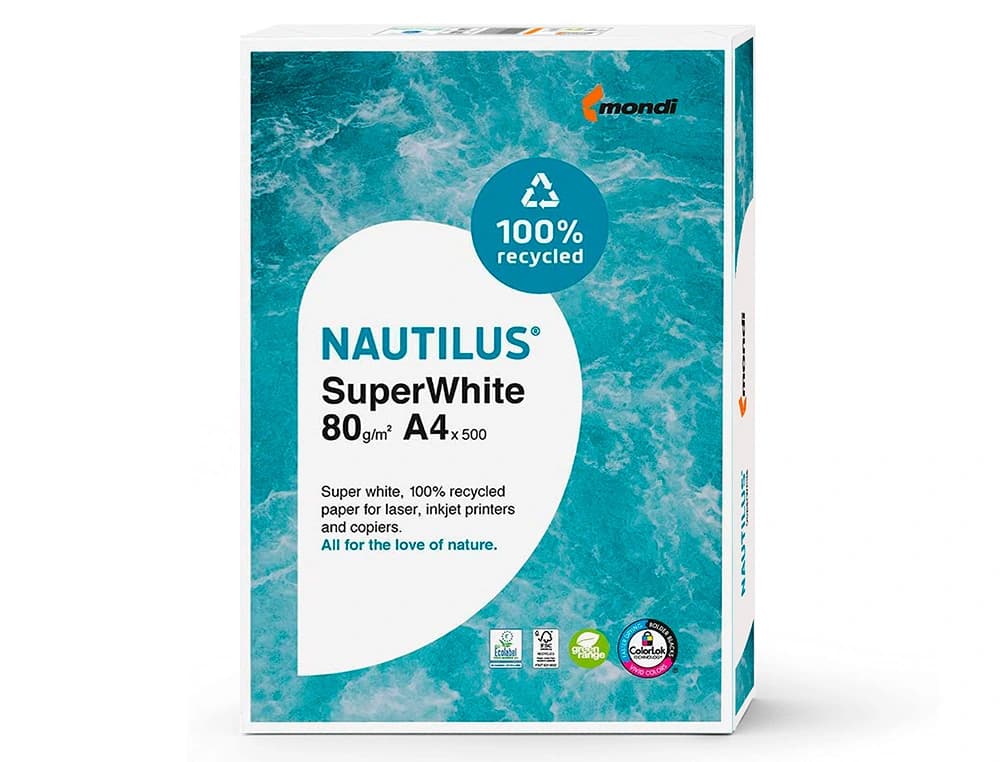 Papel fotocopiadora nautilus superwhite 100% reciclado 80 gramos paquete de 500 hojas