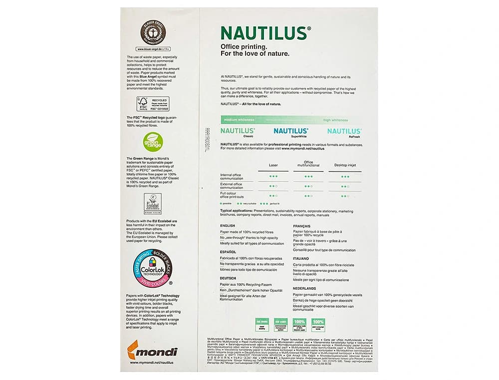 Papel fotocopiadora nautilus superwhite 100% reciclado 80 gramos paquete de 500 hojas