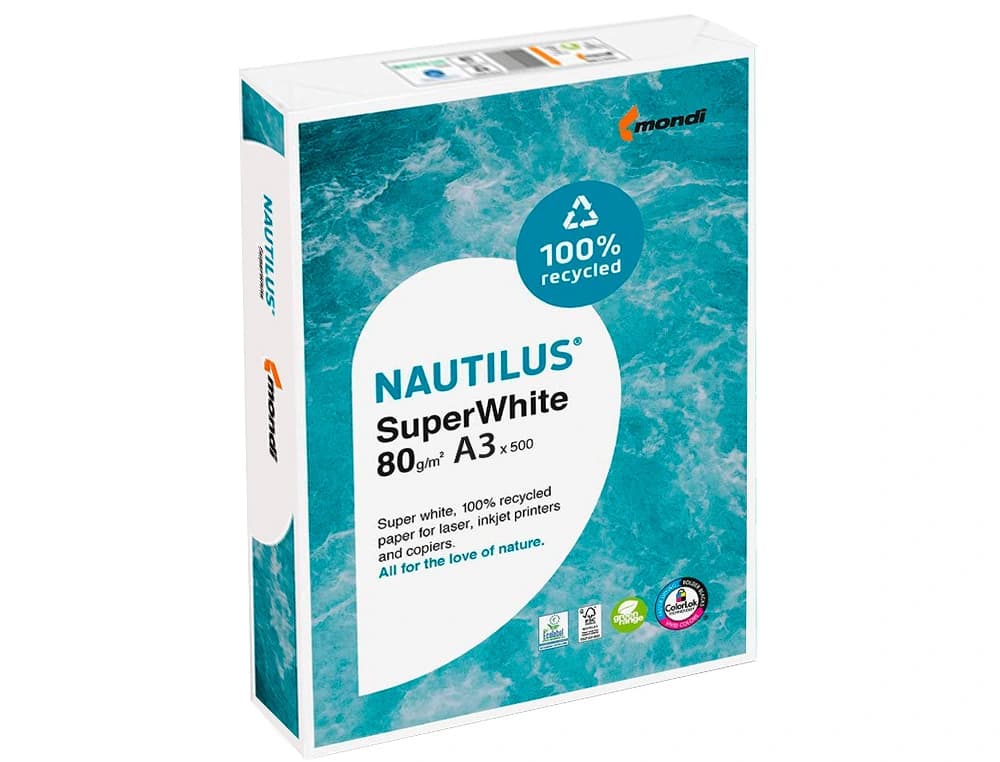 Papel fotocopiadora nautilus superwhite 100% reciclado 80 gramos paquete de 500 hojas