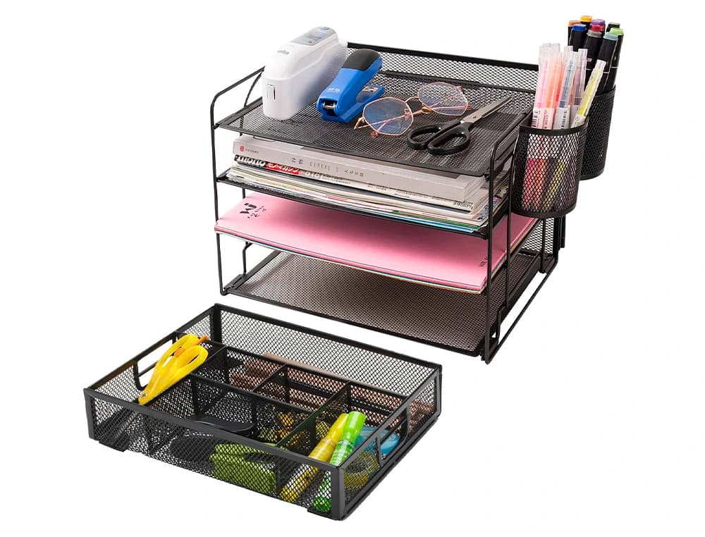 Organizador sobremesa q-connect kf17291 bandeja metalica rejilla negra con 6 departamentos 235x183x65 mm