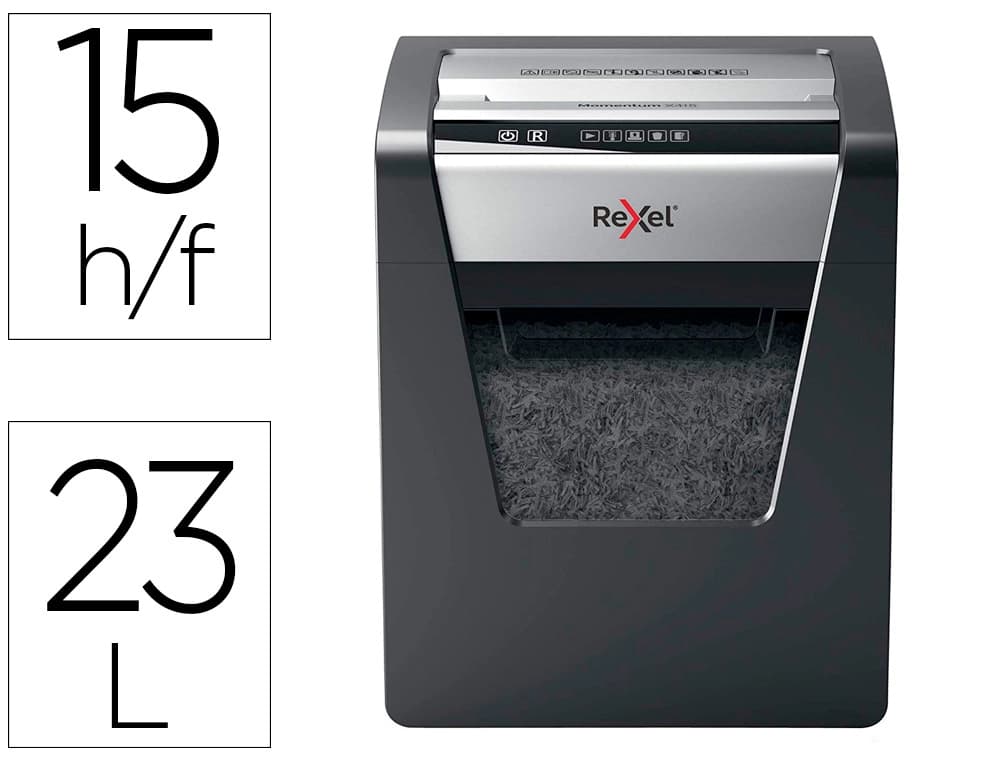 Rexel Destructora de documentos rexel momentum x415 capacidad de corte 15 hojas destruye grapas y clips papelera 23 l