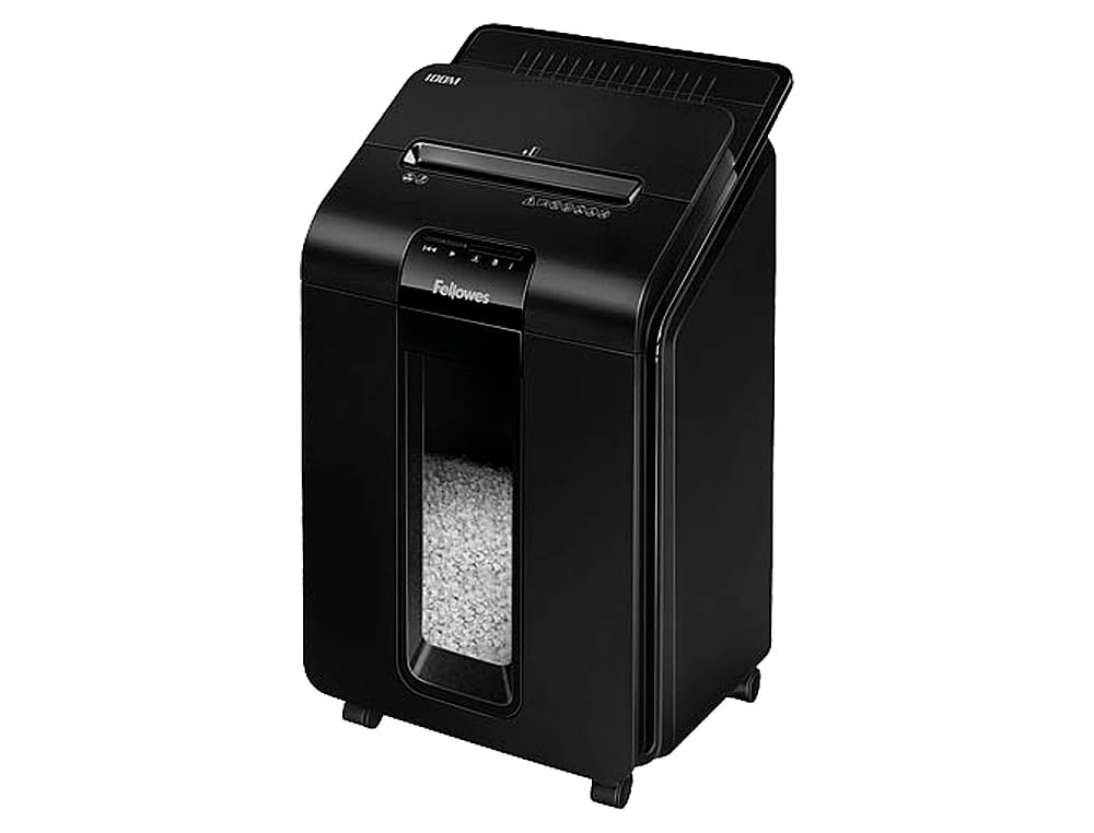 Destructora de documentos fellowes auto+100m capacidad de corte 100 hojas destruye grapas clips y tarjetas 23l