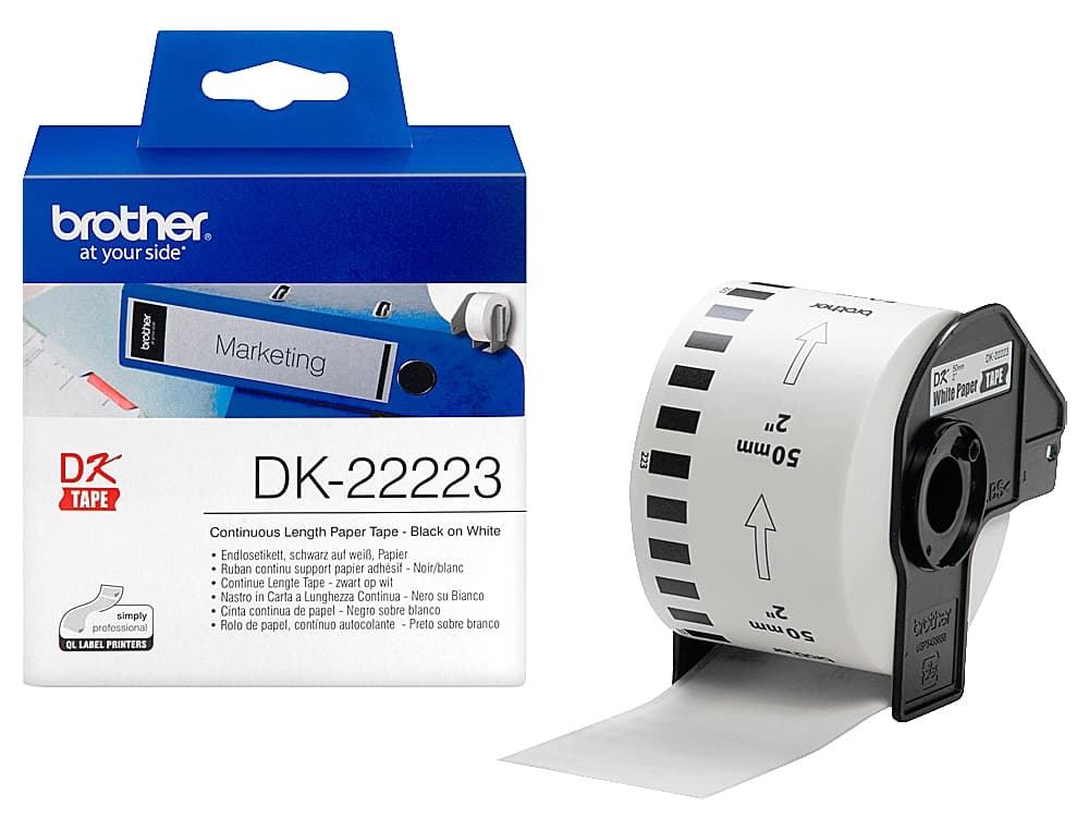 Etiqueta brother dk22223 cinta papel continuo adhesiva removible blanca 50 mm x 30,48 m
