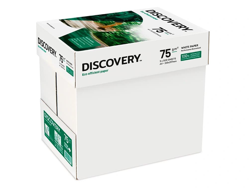 Papel fotocopiadora discovery fast pack din a4 75 gramos papel multiuso ink-jet y laser caja de 2500 hojas