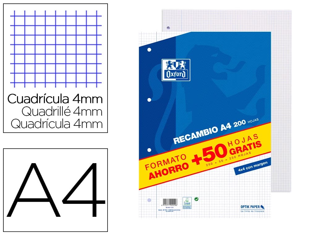 Oxford Recambio Oxford A4 200 + 50 hojas gratis cuadro 4 mm con margen