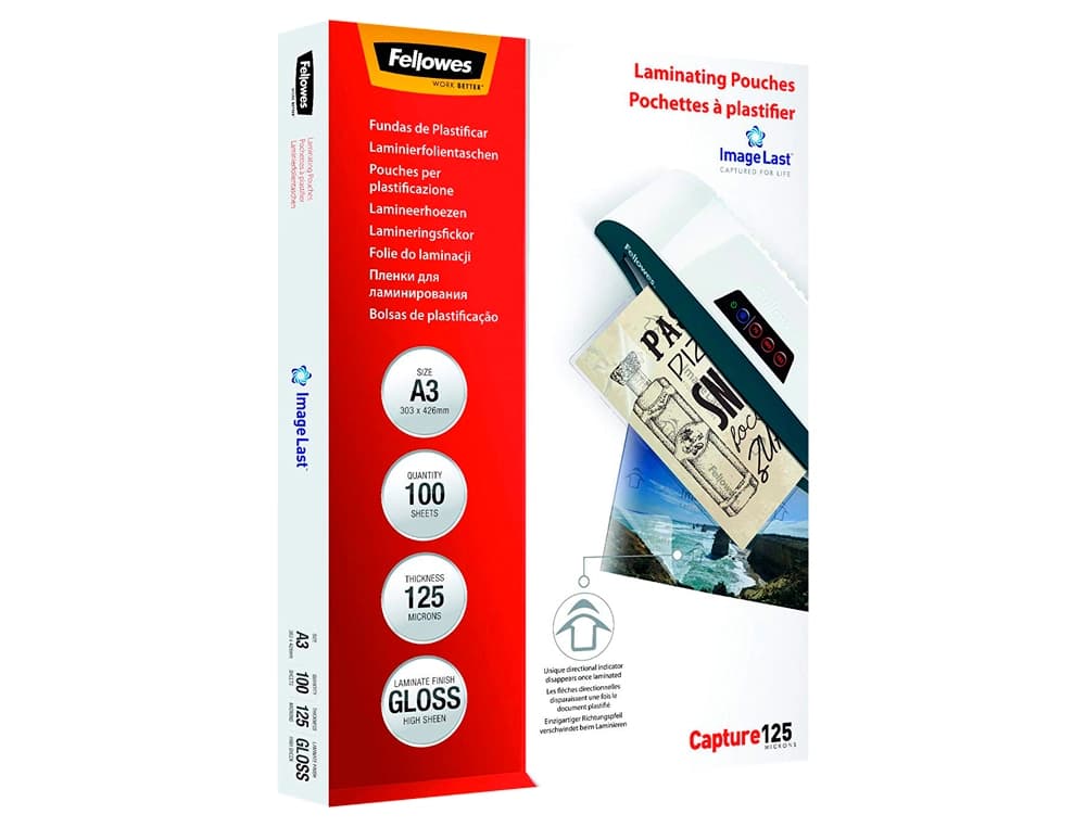Bolsa de plastificar Fellowes brillo de 125 micras, pack de 100 unidades – A3