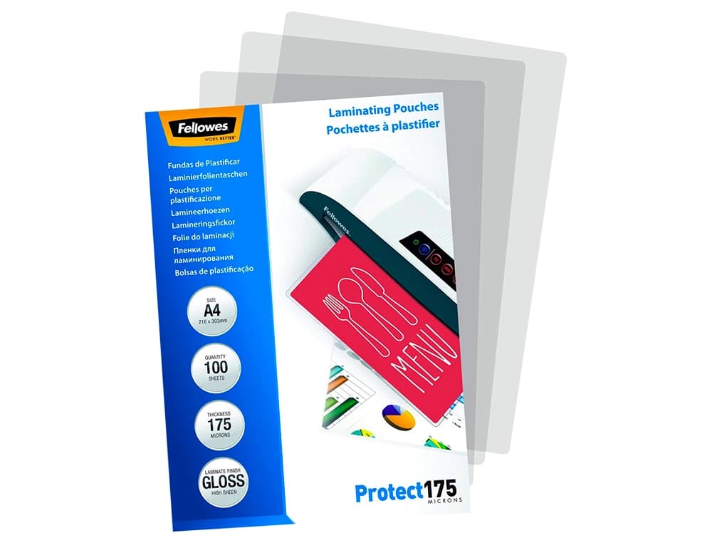 Bolsa de plastificar fellowes brillo din a4 175 mc pack 100 unidades
