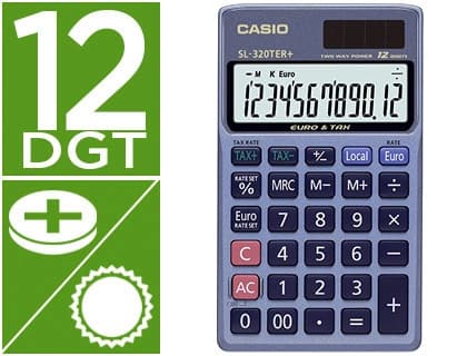 Casio Calculadora Casio SL-320TER bolsillo 12 dígitos tax +/- conversión moneda tecla doble cero color azul