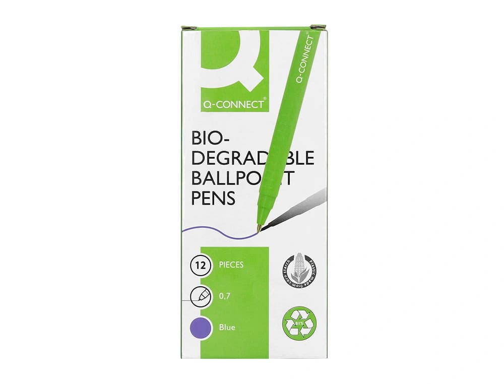 Boligrafo q-connect retractil kf14625 biodegradable verde tinta azul