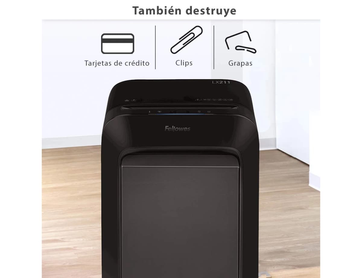 Destructora de documentos fellowes lx211 capacidad de 15 hojas seguridad p5 papelera 23 l grapas