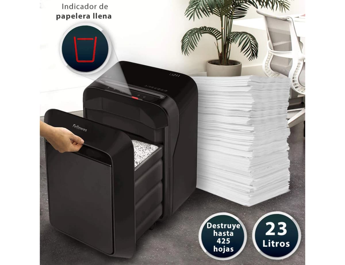 Destructora de documentos fellowes lx211 capacidad de 15 hojas seguridad p5 papelera 23 l grapas