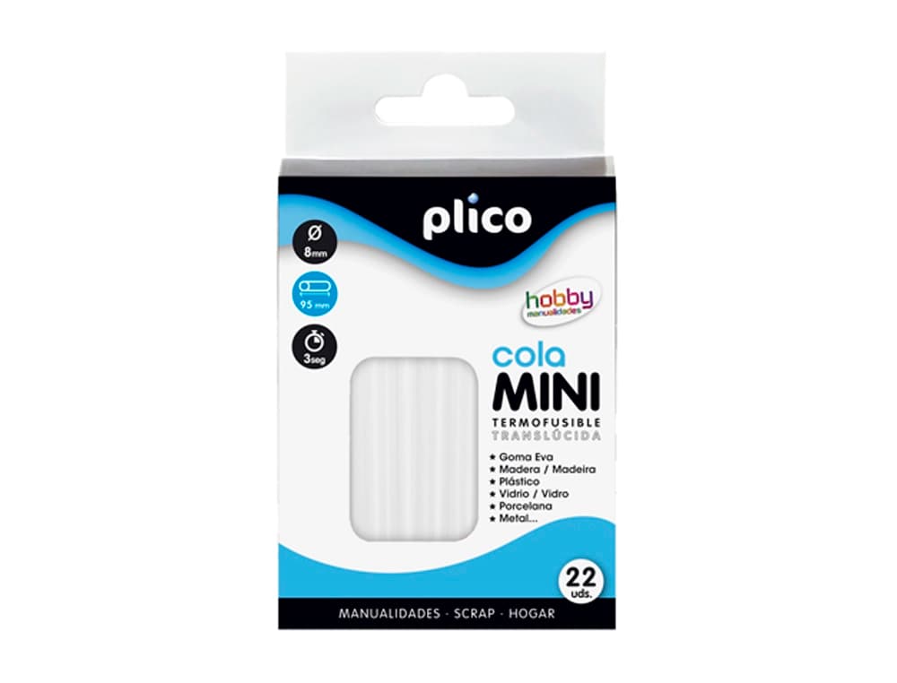 Barra termofusible plico mini translucida 8 mm de diametro x 95 mm de alto blister de 22 unidades