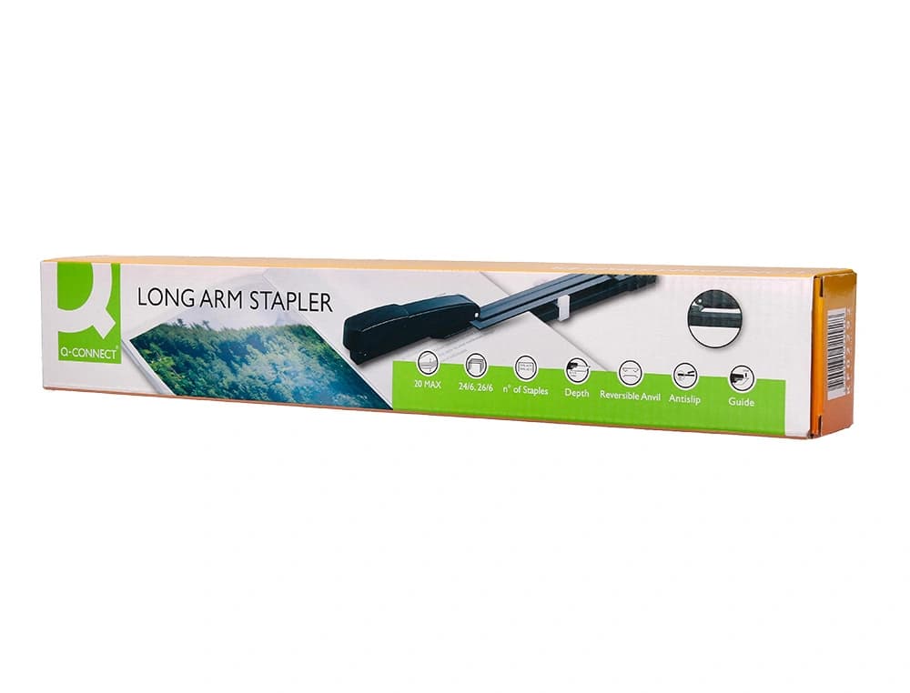 Grapadora q-connect kf02292 metalica brazo largo capacidad 20 hojas usa grapas 24/6 y 26/6 color negro
