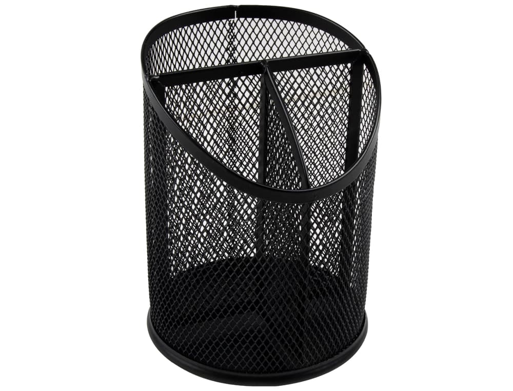 Cubilete portalapices q-connect metal redondo rejilla con 3 compartimentos diametro 110 mm alto 147 mm