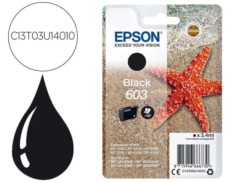 Epson Ink-jet epson 603 xp-2100 / 2105 / 3100 / 4100 / wf-2810 / 2830 / 2835 / 2850 negro 150 paginas