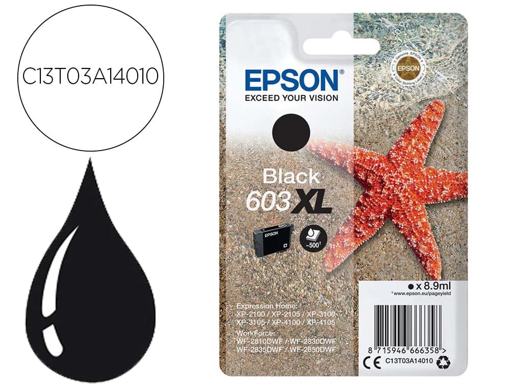 Epson Ink-jet epson 603xl xp-2100 / 2105 / 3100 / 4100 / wf-2810 / 2830 / 2835 / 2850 negro 500 paginas