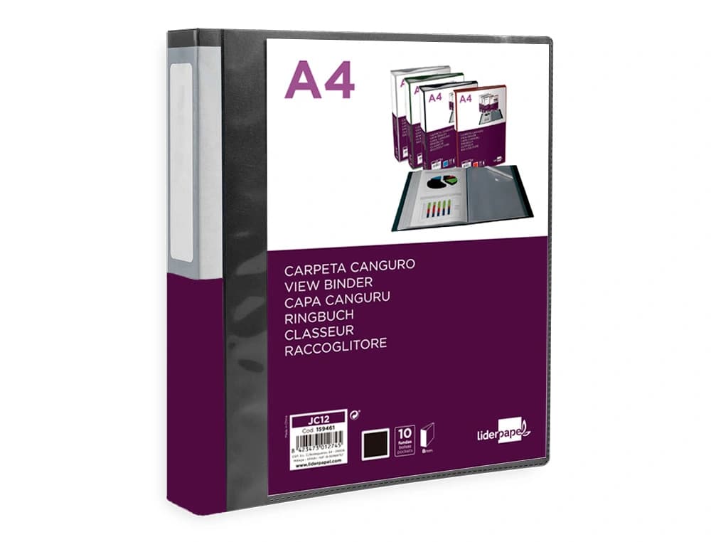 Carpeta liderpapel 10 fundas canguro pp din a4 translucido portada y lomo personalizable