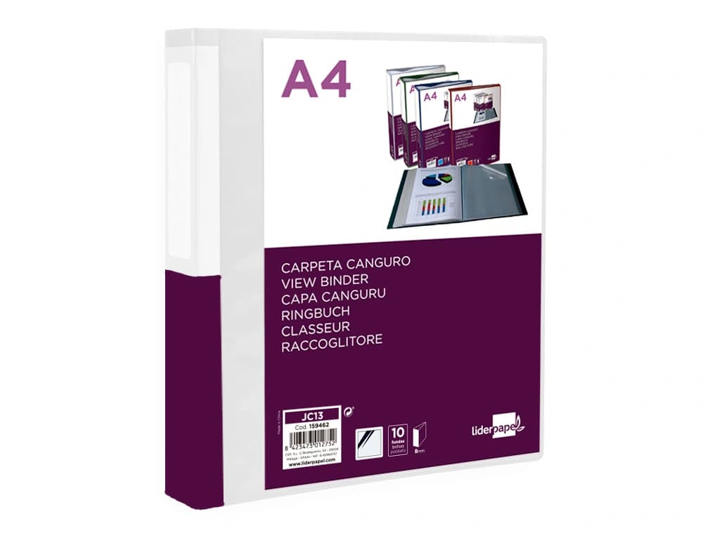 Carpeta liderpapel 10 fundas canguro pp din a4 translucido portada y lomo personalizable