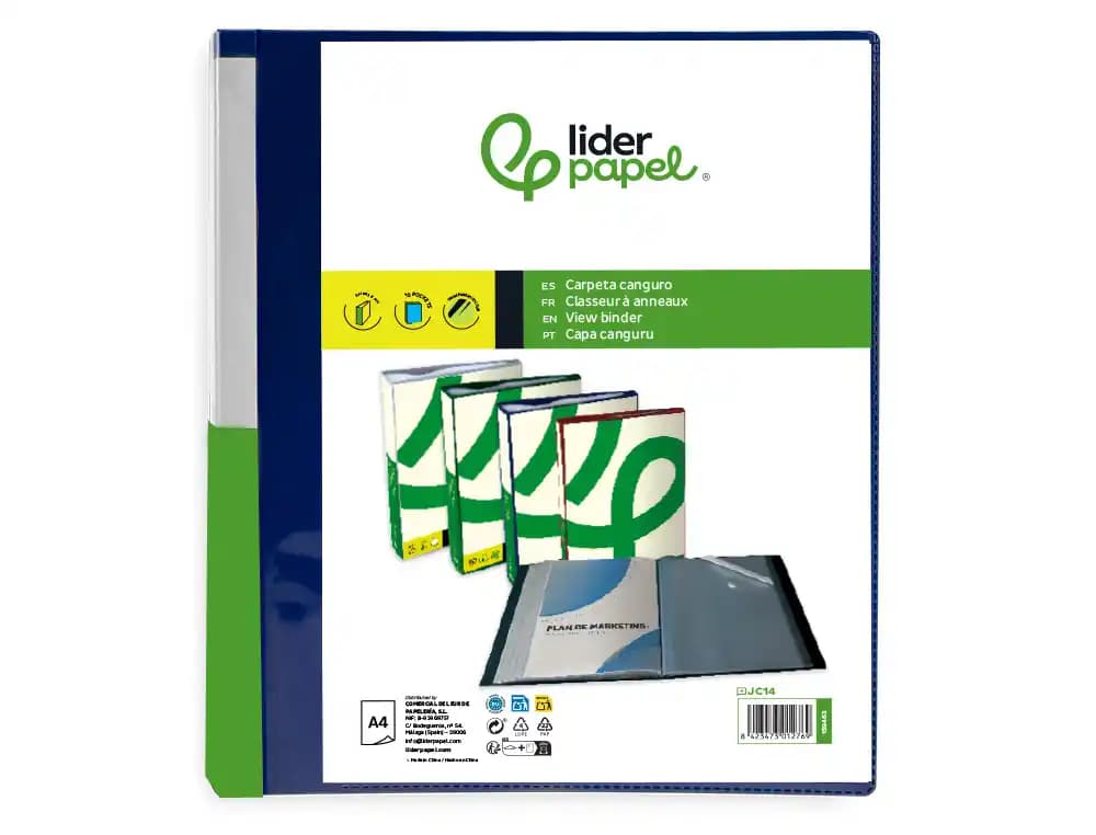 Carpeta canguro Liderpapel A4 de polipropileno translúcido con 10 fundas, portada y lomo personalizables – Azul