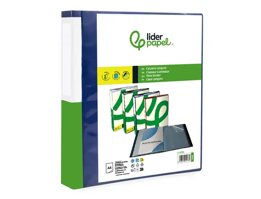 Carpeta canguro Liderpapel A4 de polipropileno translúcido con 10 fundas, portada y lomo personalizables – Azul