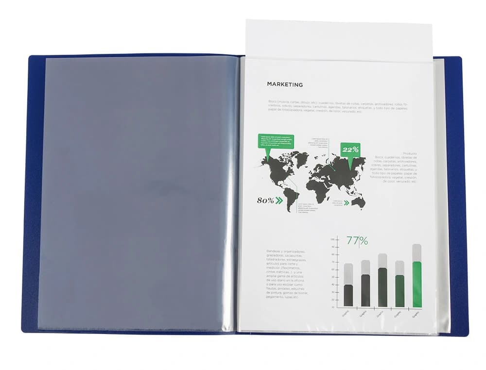 Carpeta canguro Liderpapel A4 de polipropileno translúcido con 10 fundas, portada y lomo personalizables – Azul