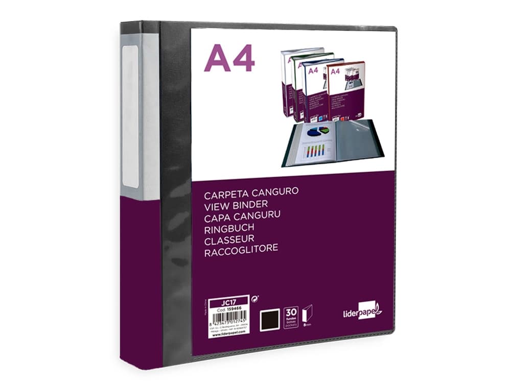 Carpeta liderpapel 30 fundas canguro pp din a4 translucido portada y lomo personalizable