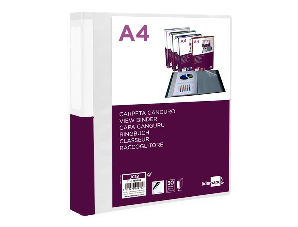 Carpeta liderpapel 30 fundas canguro pp din a4 translucido portada y lomo personalizable